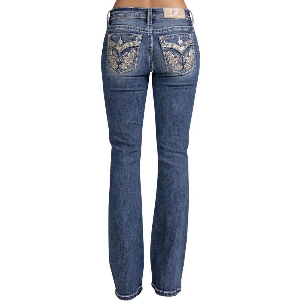 Women's Bootcut Jeans Embellished Pockets Turquoise Wing Design Mid-Rise